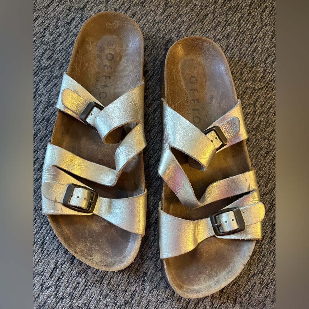 Office London Leather Cork Sandals/Slides Gold Metallic Women’s Size 9